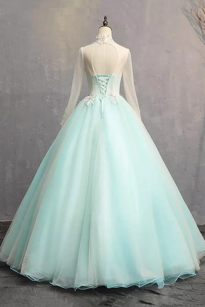 Green Tulle Lace Long Prom Dress, Beautiful A-Line Long Sleeve Party Dress